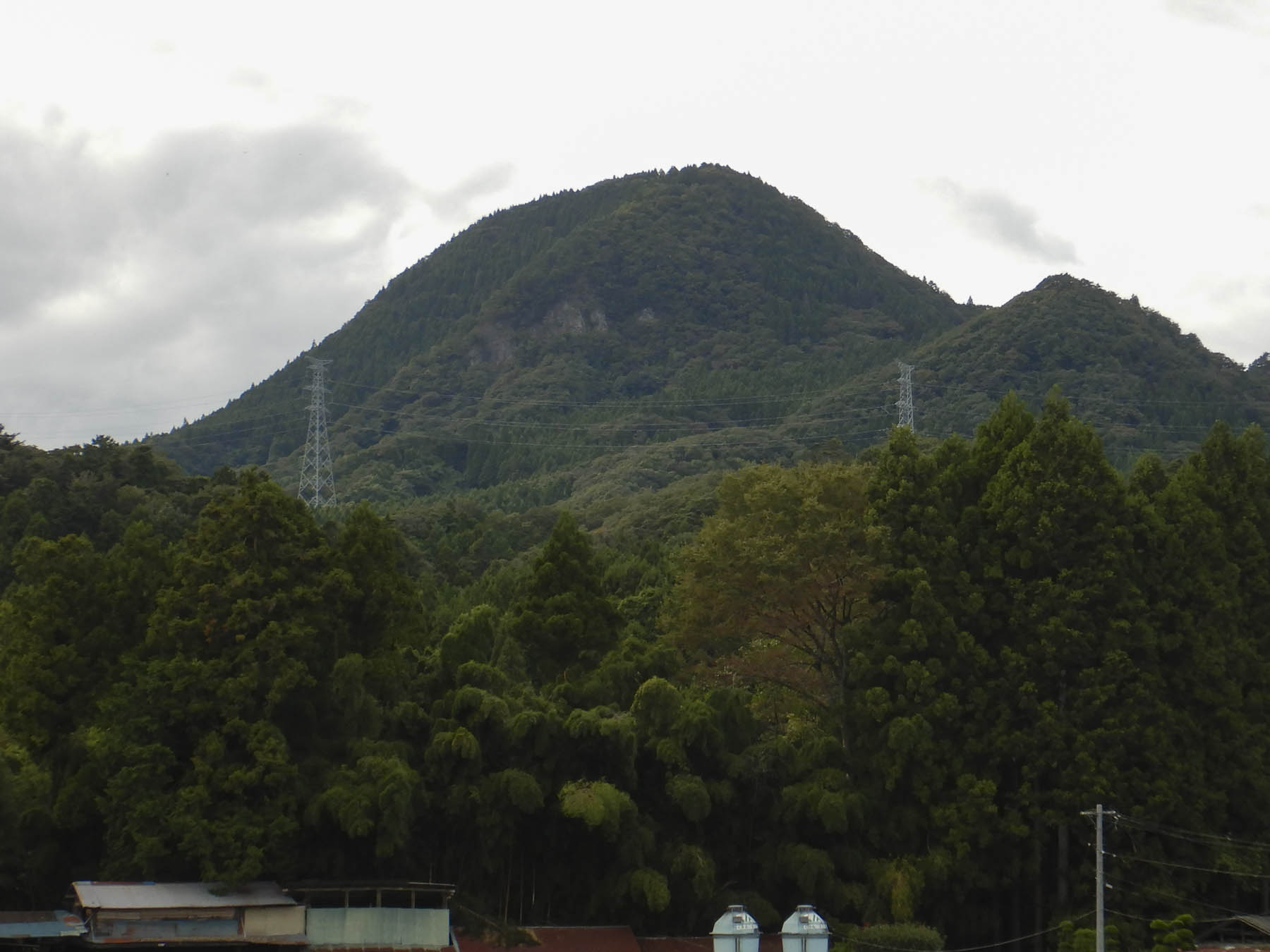 空は灰色に覆われていて、緑色の木々に覆われた笹倉山の全景の写真